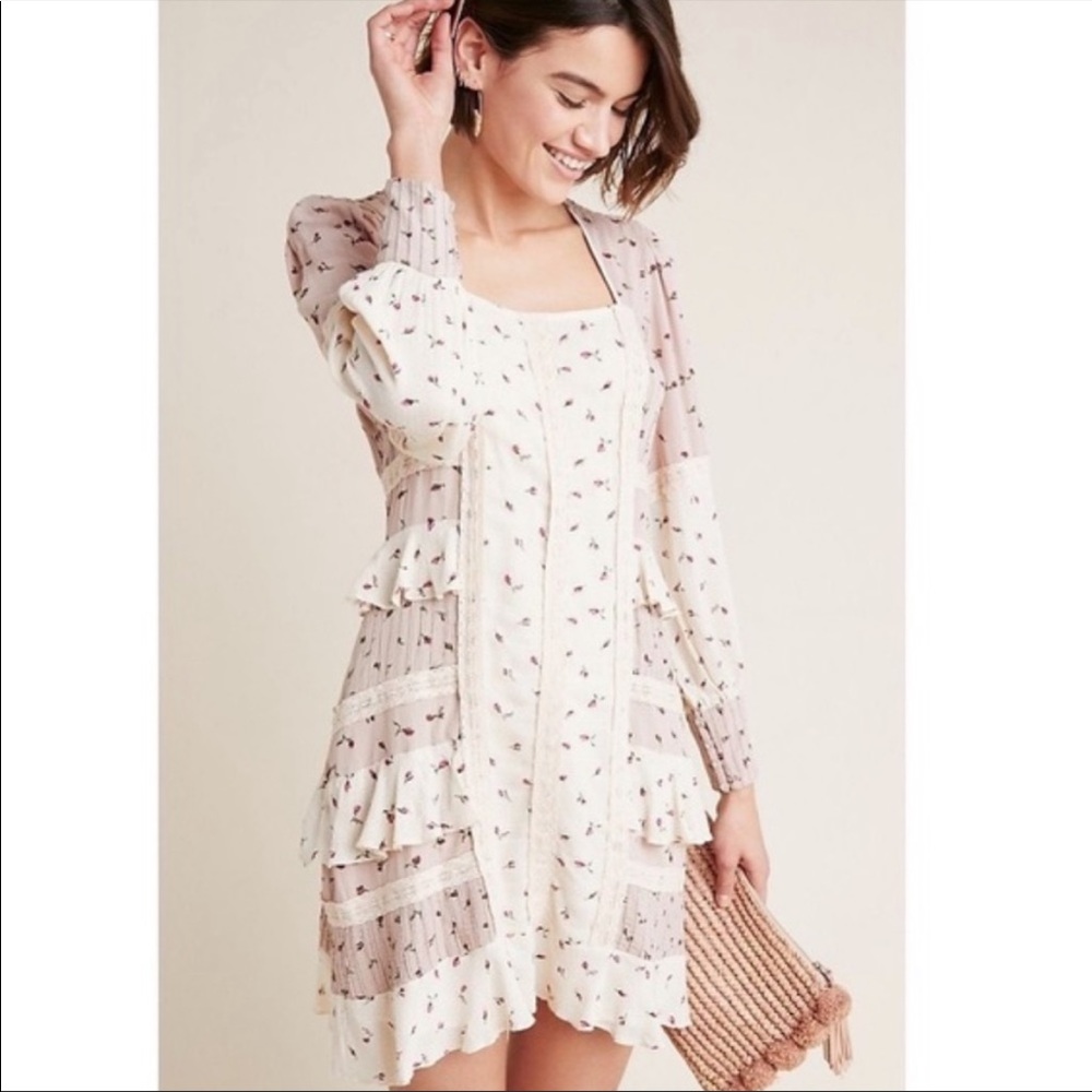 Anthropologie Seen Worn Kept Ivory Astor Ditsy Floral Ruffle Dress